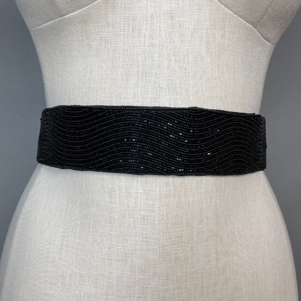 Deadstock Beaded Belt Vintage Women Black Structured Wide Hook and‎ Loop Fancy